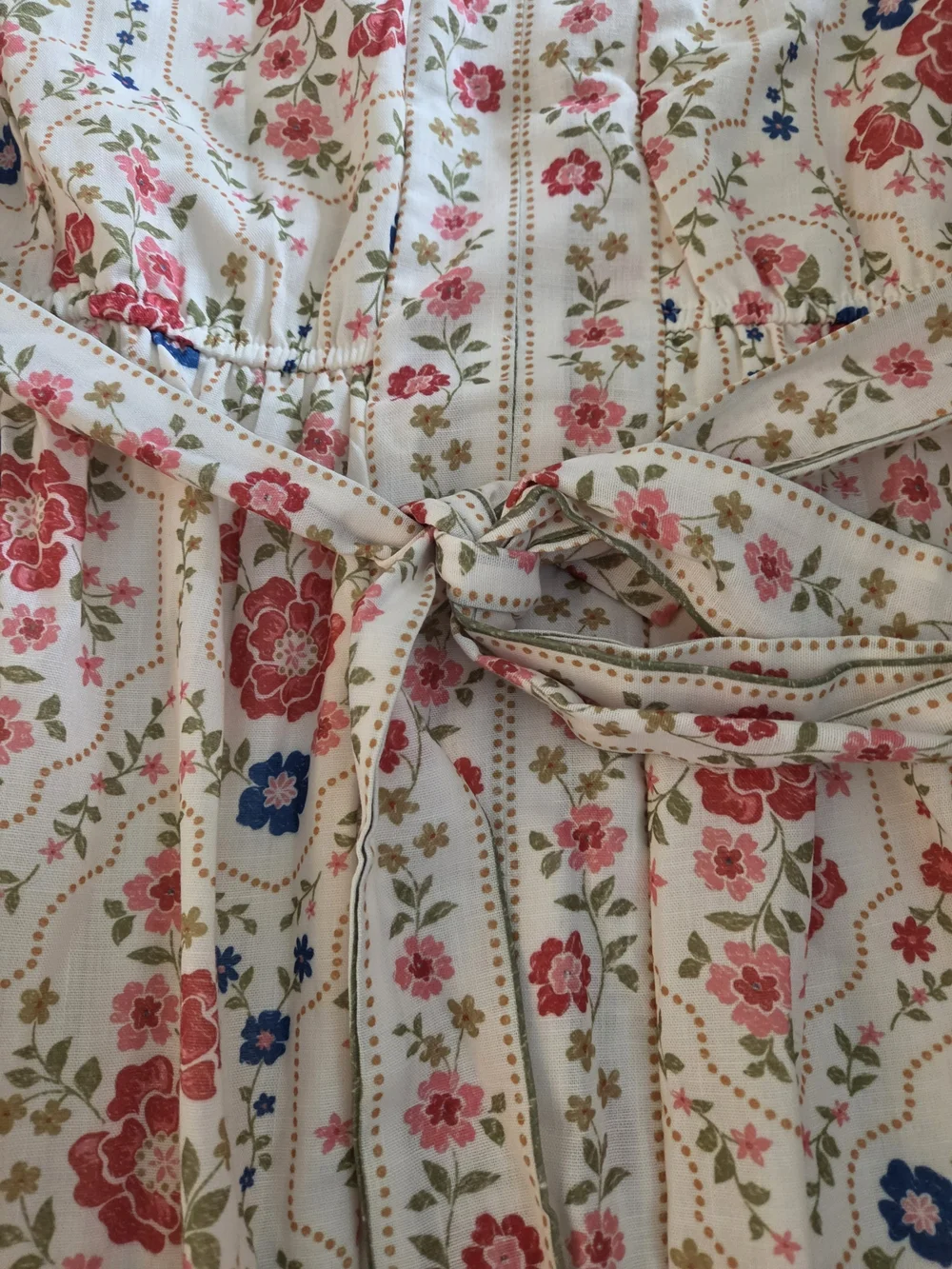Cream Floral Maxi Dress with Pink & Blue Blooms and Waist Tie - Picture 3 of 6